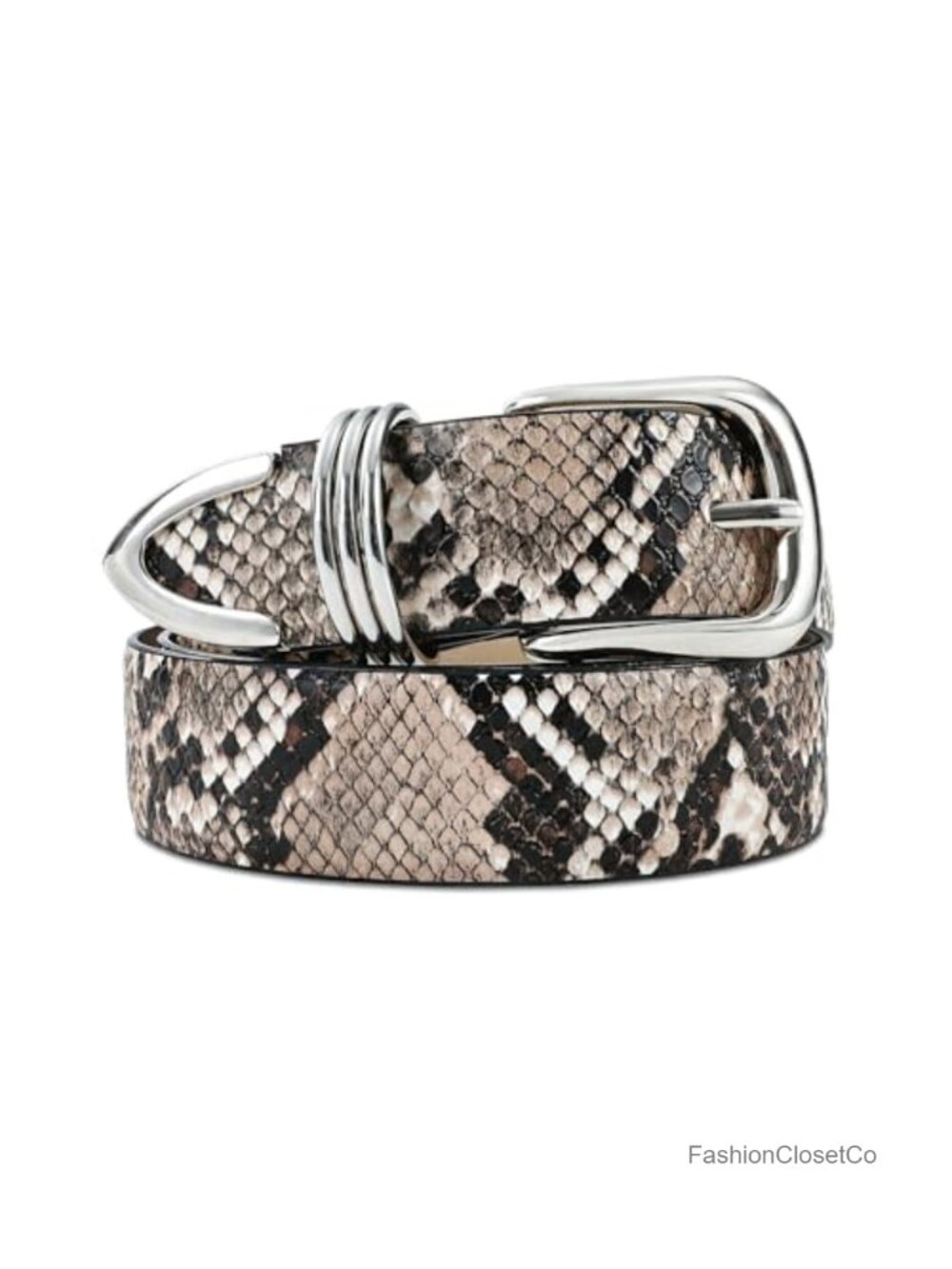 Snake Print Leather Belt Silver Buckle 1.2 Inch Women's